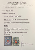 1851, Zst 17 II Stein B3 T.25 RU, 5 Rp Rayon I KE SPUREN ! (Attest Marchand Schweiz Suisse Certificat Cert Mi.9 II - 1843-1852 Kantonalmarken Und Bundesmarken