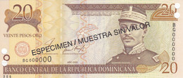 ¡¡MUESTRA!! BILLETE DE REP. DOMINICANA DE 20 PESOS ORO DEL AÑO 2001 - ESPECIMEN-SPECIMEN - Dominicaine