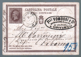 ORVIETO - TERNI - RARO INTERO POSTALE COMMERCIALE DEL 1876 - VOMOSSI NEGOZIANTI IN COLONIALI (INT482) - Postwaardestukken