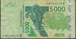 W.A.S. SENEGAL  P717Kj 5000 FRANCS (20)11 2011 Signature 37  FINE FOLDS Only 1 P.h. - West African States