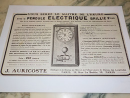 ANCIENNE PUBLICITE MAITRE DE L HEURE PENDULE ELECTRIQUE AURICOSTE 1913 - Autres & Non Classés