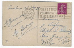 TOULOUSE-GARE Carte Postale 20c Semeuse Violet Yv 190 Ob Meca Flier TOU713 Foire De Toulouse - Oblitérations Mécaniques (flammes)