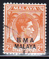 Malaya British Military Administration 1945 George V Single 2c Stamp Overprinted BMA In Fine Used Condition. - Malaya (British Military Administration)