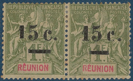 France Colonies Reunionpaire N°55 & 55A (  ) Variété Petit 1 à 15c Tenant à Normal  Signé CALVES - Usati
