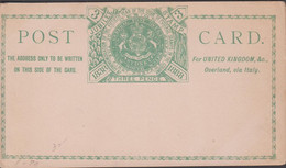 1888. 3 PENCE POSTCARD. JUBILEE STAMP. NEW SOUTH WALES POSTAGE. For UNITED KINGDOM, &c, Overland, Via Ital... - JF429863 - Storia Postale