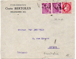 Mercure + Cérès Sur Lettre De 1942 Au Tarif Frontalier (2f40) De L'Ain Pour La Suisse - 1921-1960: Periodo Moderno