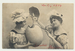 Carte Fantaisie PAQUES - Femmes - Lapin Sorti De L'oeuf -  Phototypie BERGERET - Bergeret