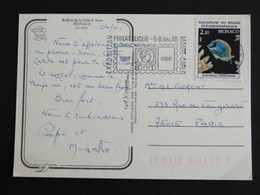 LETTRE MONACO AVEC YT 1484 POISSON CHIRURGIEN POITRINE BLANCHE FISH - FLAMME SALON PHILATELIQUE 1985 - Storia Postale