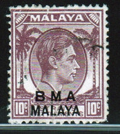 Malaya British Military Administration 1945 George V Single 10c Stamp Overprinted BMA In Fine Used Condition. - Malaya (British Military Administration)