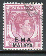 Malaya British Military Administration 1945 George V Single 10c Stamp Overprinted BMA In Fine Used Condition. - Malaya (British Military Administration)