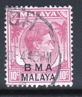 Malaya British Military Administration 1945 George V Single 10c Stamp Overprinted BMA In Fine Used Condition. - Malaya (British Military Administration)