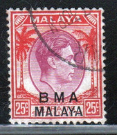 Malaya British Military Administration 1945 George V 25c Stamp Overprinted BMA In Fine Used Condition. - Malaya (British Military Administration)