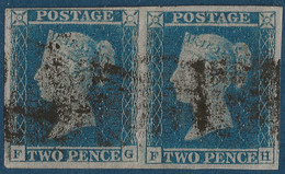 Grande Bretagne Paire N°4b Two Pence Bleu Oblitérée Variété "tete D'ivoire"  TTB - Oblitérés