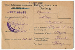 Carte Prisonnier Français - Camp De Darmstadt Sur Formule De Limburg A.L - 22 Oct 1917 - Censure (faible) - Guerre De 1914-18