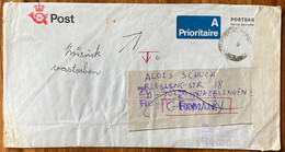 DENMARK,1994,AIR MAIL USED COVER TO GERMANY,PINK RETURN TO SENDER,VIGNETTE PINK LABEL+VIOLET INK HAND STAMP ZURUK/RETOUR - Airmail