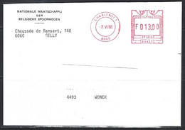 EMA 13Fr Sur Lettre En-tête: Nationale Maatschappij Der Belgische Spoorwegen Charleroi 6000 Pour Wonck 1988 - 1980-99