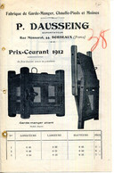 FACTURE.33.BORDEAUX.FABRIQUE DE GARDE MANGER,CHAUFFE PIEDS & MONES.P.DAUSSEING.TARIF 1912. - Non Classés