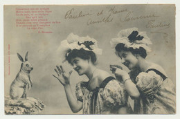 Carte Fantaisie PAQUES - Femmes - Lapin  Grimaces.. -  Phototypie BERGERET - Bergeret