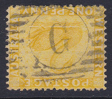 Western Australia 1d Yellow Swan Barred Small G Cancel Perf. 14 Wmk. CA - Used Stamps