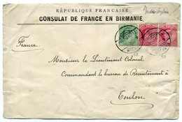 Consulat De France En Birmanie / TP Indes Anglaise YT N°58 Et 59 Oblitération RANGOON 1908 / Pour Toulon - Sonstige - Asien