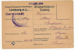 Carte Prisonnier Français - Camp De Limburg A/L Utilisé à Darmstadt - 20 Oct. 1917 - Censure - 1. Weltkrieg 1914-1918