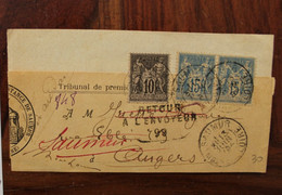 1894 Bande Imprimé Tribunal 1ere Instance Saumur Angers Cover Sage Retour Envoyeur Décédé Recommandé Non Réclamé - 1876-1878 Sage (Typ I)
