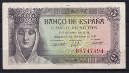 ESPAÑA. EDIFIL 446a. 5 PTAS 13 DE FEBRERO DE 1943. SERIE B. CONSERVACION EBC - 5 Pesetas