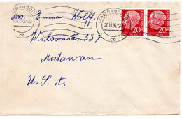 58124 - Bund - 1956 - 20Pfg Heuss I Waag. Paar A Bf HAMBURG -> Matawan, NJ (USA) - Covers & Documents