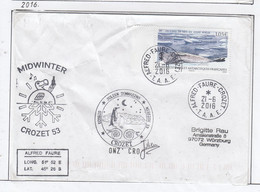 TAAF Alfred Faure Crozet 2016 Cover Midwinterday Signature Ca Crozet 21-6-2016 (MW211C) - Cartas & Documentos