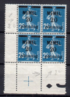!!! MEMEL, BLOC DE 4 DU N°20/20a CHIFFRES ESPACES CASE N°137 NEUF * - Unused Stamps