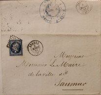 1856 Napoléon III Mairie Angers à Mr Le Maire Saumur Cover Couleur Bleu PC 78 T15 Petits Chiffres Cachet Mairie - 1853-1860 Napoleone III