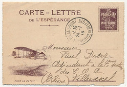 Carte-lettre FM - Carte Lettre De L'Espérance, "Pour La Patrie" (Aéroplane) - Voyagée 1916 - Brieven En Documenten