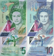 EAST CARIBBEAN 5 10 Dollars ND ( 2019 - 2021 ) P W56 W57 UNC Polymer Pair, 2 Banknotes - Oostelijke Caraïben