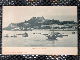 MACAU 1900'S PICTURE POST CARD WITH VIEW OF PENHA HILL AND THE CHURCH, AT LEFT THE BOA VISTA HOTEL IN FRONT FISHING BOAT - Macao