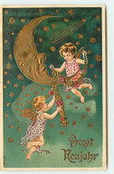 N°19928 - Carte Gaufrée - Prosit Neujahr - Anges Décorant Avec Une Guirlande De Fleurs Un Croissant De Lune - Año Nuevo