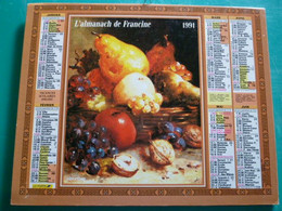 Calendrier 1991 Oberthur Nature Morte MOREAU Peinture Tableau Fruits Almanach Facteur PTT POSTE Département Sarthe - Grand Format : 1991-00