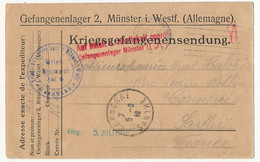 Carte Prisonnier Français - Camp De Münster I. Westf. - 5 Juillet 1916 - Censure - Guerre De 1914-18