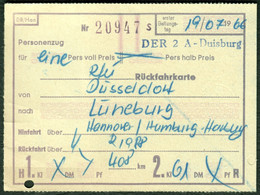 Deutschland 1966 Düsseldorf Nach Lüneburg Via Hannover Rückfahrkarte Fahrkarte Boleto Biglietto Ticket Billet - Europe