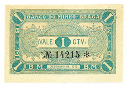 BRAGA - BANCO DO MINHO - Cédula De 1 Centavo - 1919 - Unc. - Portugal - Emergency Paper Money - Notgeld - Portugal