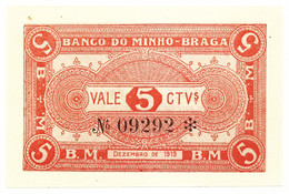 BRAGA - BANCO DO MINHO - Cédula De 5 Centavos - 1919 - Unc. - Portugal - Emergency Paper Money - Notgeld - Portugal