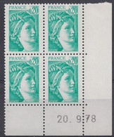 SABINE 1967 - BLOC De 4 COIN DATE - 20/9/78 - NEUF SANS CHARNIERE - 1970-1979