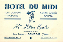Condom * Hôtel Du Midi Mme Hélène BARTHE Propr. , Rue Barlet * Carte De Visite Ancienne - Condom