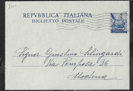 BIGLIETTO POSTALE QUAURIGA (INT.46) DA BRESCIA 5.5.1954 PER MODENA - Interi Postali