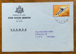 SAN MARINO - OLIMPIADI TOKIO  L. 15 ISOLATO IN TARIFFA SU CARTOLINA PER LUGO RAVENNA  IL 20/7/65 - Covers & Documents