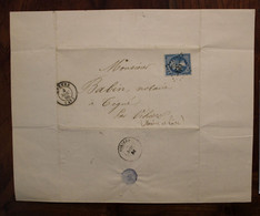 1866 Napoléon III Angers Tigné Par Vihiers Cover Couleur Bleu GC 99 Souligné T15 Gros Chiffres - 1862 Napoleon III
