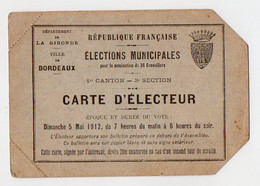 VP19.507 - BORDEAUX 1912 - Carte D'Electeur - Mr Jean - Baptiste DUMONT Dessinateur - Autres & Non Classés