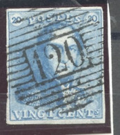 BELGIQUE - COB 2a 20C BLEU CLAIR EPAULETTES MARGE OBLITERE - 1849 Hombreras