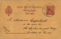 1900 ,BARCELONA  , ENTERO POSTAL ED. 31 CIRCULADO A ST. SAPHORIN , LLEGADA - 1850-1931