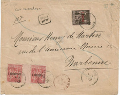 CTN80 - SAGE 2p/50c PAIRE INTERPANNEAU + 1p/25c LETTRE CONSTANTINOPLE / NARBONNE 1/1/1891 - Brieven En Documenten