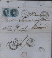 Belgique YT 11 X2 Oblitération Distribution 100 Gerpinnes 4 10 1860 Gougnies Bureau Distribution Pour L'étranger Beaune - 1849-1865 Medaglioni (Varie)